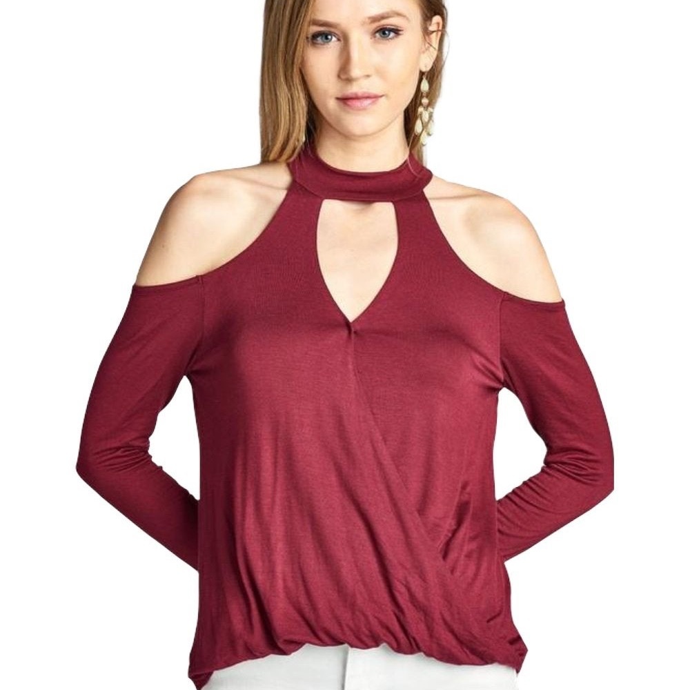 NWOT Burgundy Long Sleeve Cold Shoulder Top